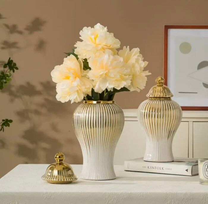 White & Gold Luxury Ceramic Decorative Jars – Premium Home Décor - Image 1