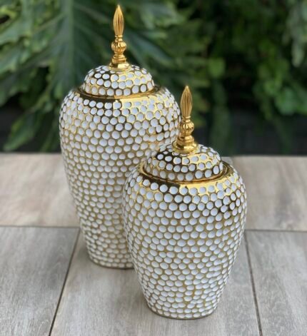 Royal Honeycomb Textured Decorative Jar Set with Golden Lid – 3 Pcs