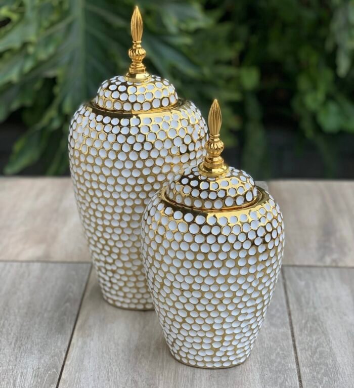 Royal Honeycomb Textured Decorative Jar Set with Golden Lid – 3 Pcs - Image 1