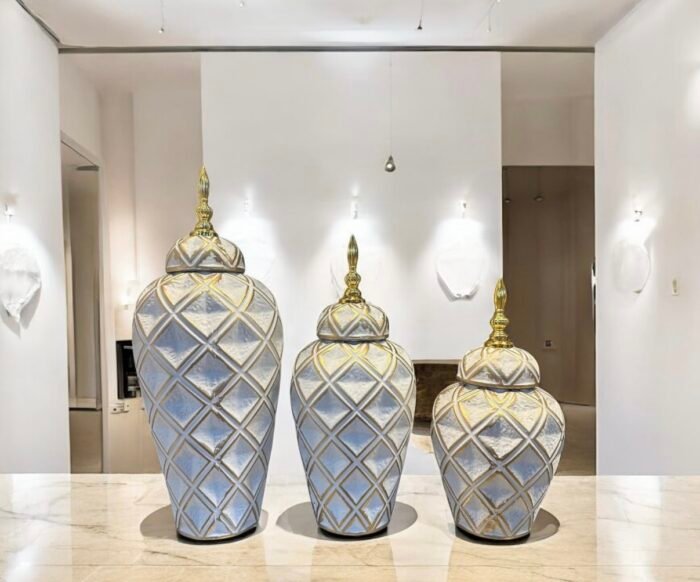 Royal Textured Decorative Jar Set with Golden Lid – 3 Pcs - Image 1