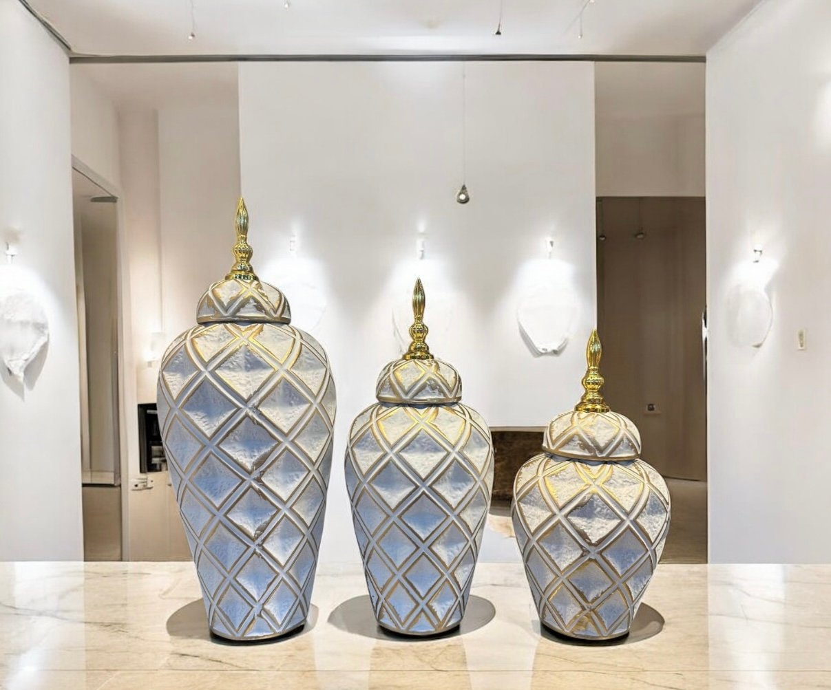 Screenshot Royal Textured Decorative Jar Set with Golden Lid – 3 Pcs - Image 1