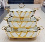 Elegant 3 Pcs Buffet Dish Set with Golden Stand - Image 2