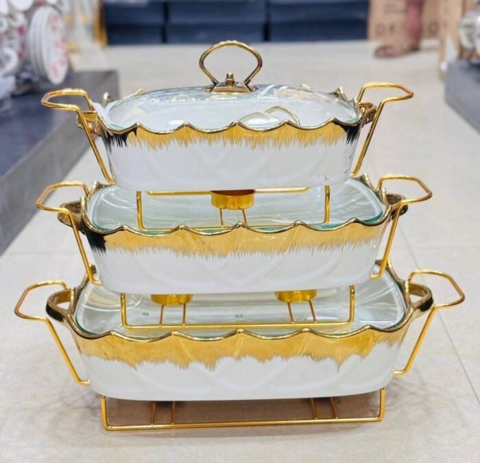 Elegant 3 Pcs Buffet Dish Set with Golden Stand - Image 1