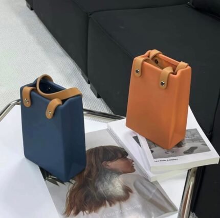 Modern Ceramic Tote-Style Vase with Leather Handles