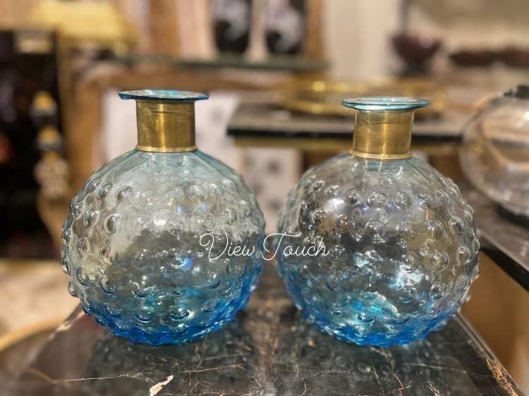 IMG_7934 Elegant Blue Textured Glass Vase with Golden Neck - Image 2