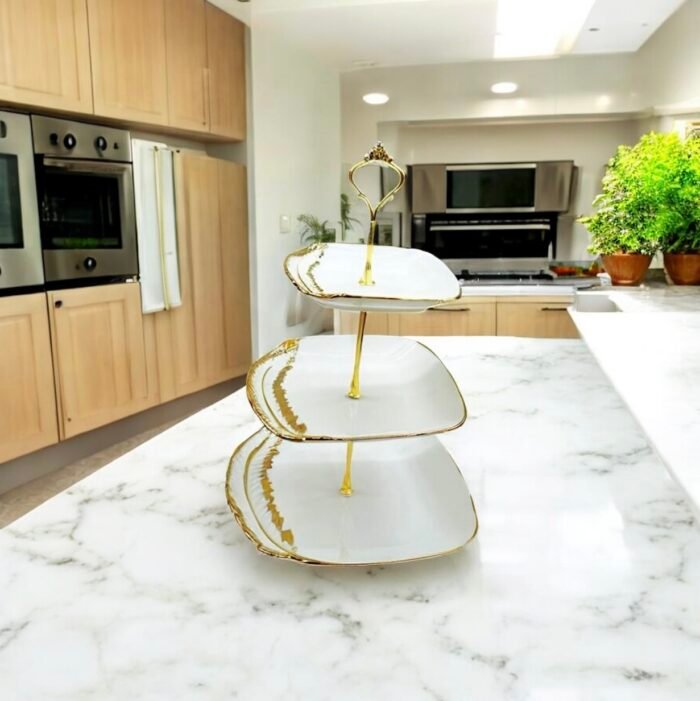3-Tier Gold-Trimmed Ceramic Serving Platter - Image 1