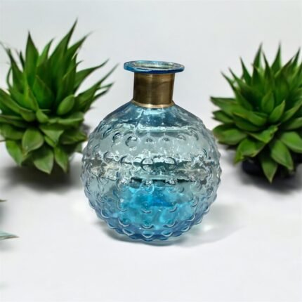 Elegant Blue Textured Glass Vase with Golden Neck