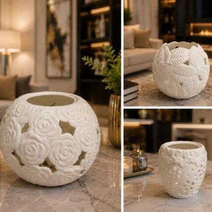 Elegant White Floral Ceramic Candle Holder